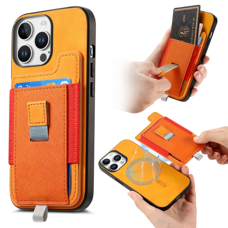 For iPhone 15 Pro max Retro Magsafe Cross Leather Pull-Out Card Bag Back Phone Case(Yellow) - iPhone 15 Pro Max Cases by buy2fix | Online Shopping UK | buy2fix