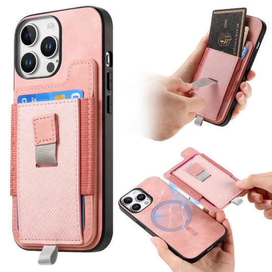 For iPhone 15 Pro max Retro Magsafe Cross Leather Pull-Out Card Bag Back Phone Case(Pink) - iPhone 15 Pro Max Cases by buy2fix | Online Shopping UK | buy2fix