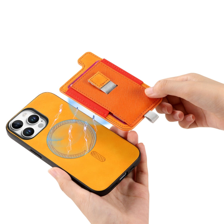 For iPhone 15 Pro Retro Magsafe Cross Leather Pull-Out Card Bag Back Phone Case(Yellow) - iPhone 15 Pro Cases by buy2fix | Online Shopping UK | buy2fix