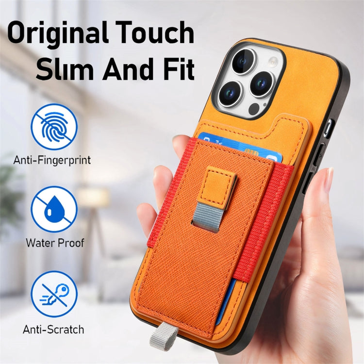 For iPhone 15 Pro Retro Magsafe Cross Leather Pull-Out Card Bag Back Phone Case(Yellow) - iPhone 15 Pro Cases by buy2fix | Online Shopping UK | buy2fix