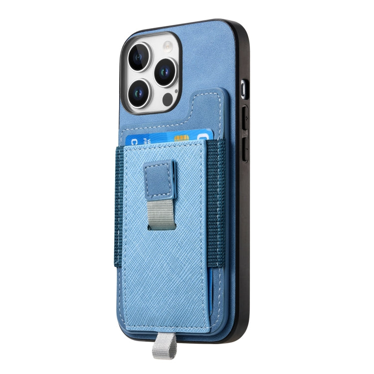 For iPhone 15 Pro Retro Magsafe Cross Leather Pull-Out Card Bag Back Phone Case(Blue) - iPhone 15 Pro Cases by buy2fix | Online Shopping UK | buy2fix