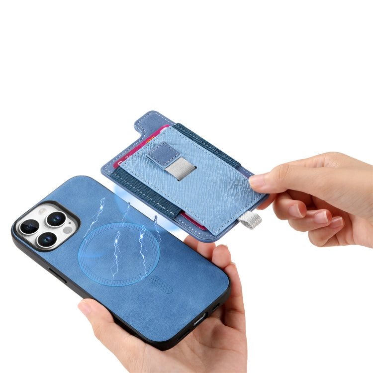 For iPhone 15 Pro Retro Magsafe Cross Leather Pull-Out Card Bag Back Phone Case(Blue) - iPhone 15 Pro Cases by buy2fix | Online Shopping UK | buy2fix