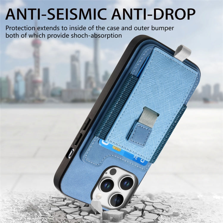 For iPhone 15 Pro Retro Magsafe Cross Leather Pull-Out Card Bag Back Phone Case(Blue) - iPhone 15 Pro Cases by buy2fix | Online Shopping UK | buy2fix