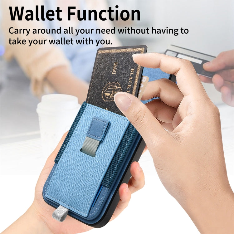 For iPhone 15 Pro Retro Magsafe Cross Leather Pull-Out Card Bag Back Phone Case(Blue) - iPhone 15 Pro Cases by buy2fix | Online Shopping UK | buy2fix