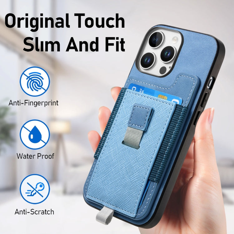 For iPhone 15 Pro Retro Magsafe Cross Leather Pull-Out Card Bag Back Phone Case(Blue) - iPhone 15 Pro Cases by buy2fix | Online Shopping UK | buy2fix