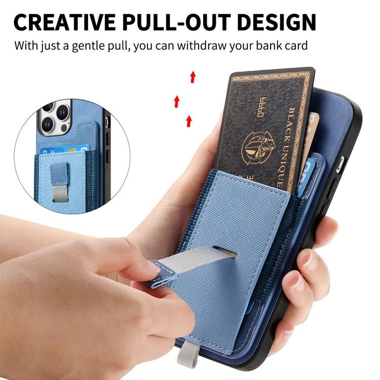 For iPhone 15 Pro Retro Magsafe Cross Leather Pull-Out Card Bag Back Phone Case(Blue) - iPhone 15 Pro Cases by buy2fix | Online Shopping UK | buy2fix