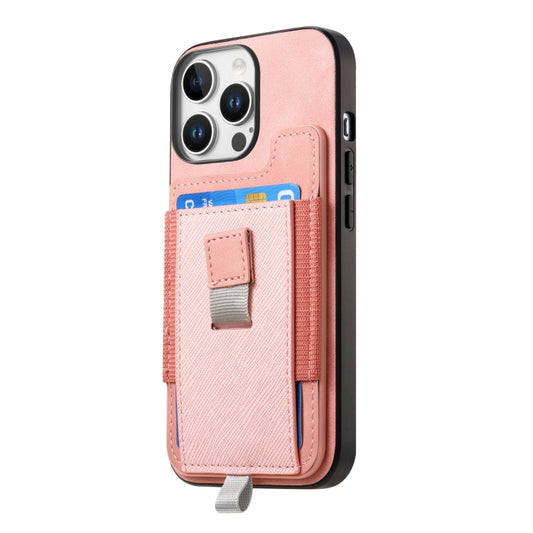 For iPhone 15 Pro Retro Magsafe Cross Leather Pull-Out Card Bag Back Phone Case(Pink) - iPhone 15 Pro Cases by buy2fix | Online Shopping UK | buy2fix