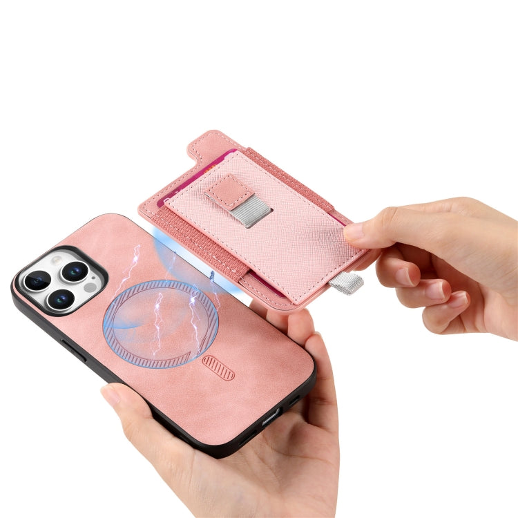 For iPhone 15 Pro Retro Magsafe Cross Leather Pull-Out Card Bag Back Phone Case(Pink) - iPhone 15 Pro Cases by buy2fix | Online Shopping UK | buy2fix