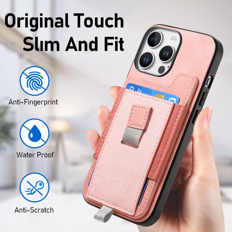 For iPhone 15 Pro Retro Magsafe Cross Leather Pull-Out Card Bag Back Phone Case(Pink) - iPhone 15 Pro Cases by buy2fix | Online Shopping UK | buy2fix