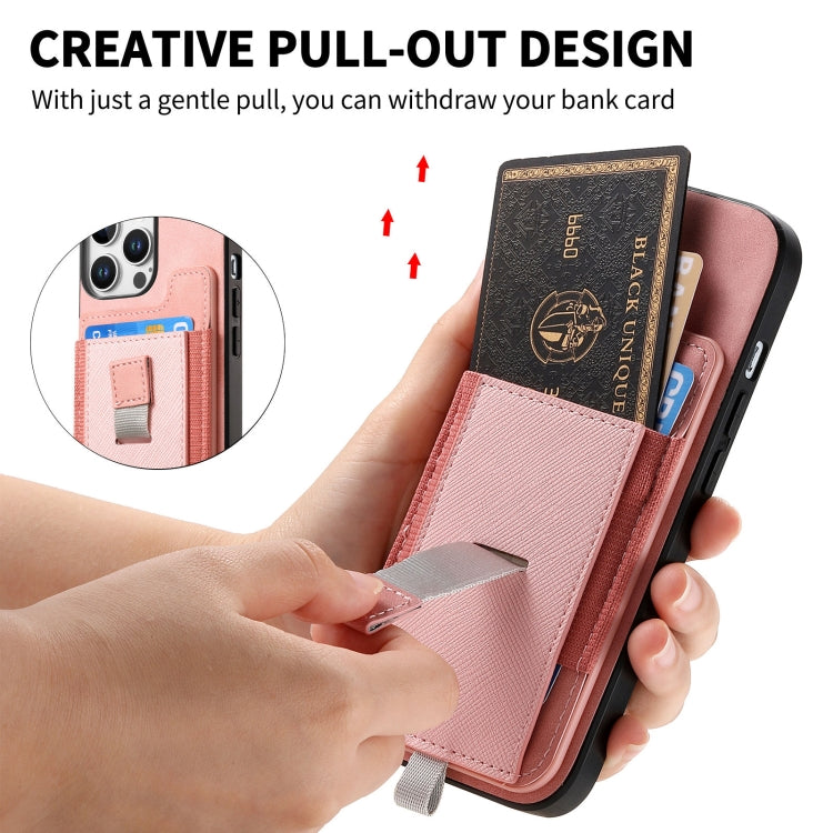 For iPhone 15 Pro Retro Magsafe Cross Leather Pull-Out Card Bag Back Phone Case(Pink) - iPhone 15 Pro Cases by buy2fix | Online Shopping UK | buy2fix