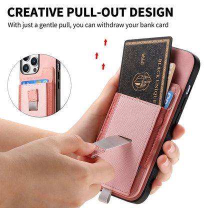 For iPhone 15 Pro Retro Magsafe Cross Leather Pull-Out Card Bag Back Phone Case(Pink) - iPhone 15 Pro Cases by buy2fix | Online Shopping UK | buy2fix