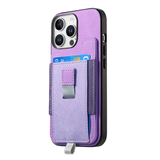 For iPhone 15 Pro Retro Magsafe Cross Leather Pull-Out Card Bag Back Phone Case(Purple) - iPhone 15 Pro Cases by buy2fix | Online Shopping UK | buy2fix