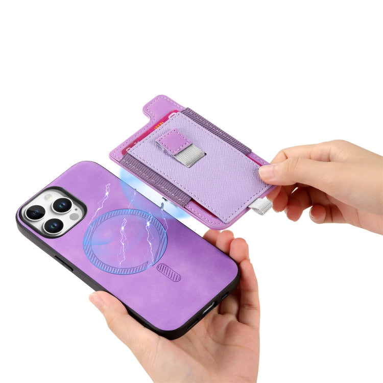 For iPhone 15 Pro Retro Magsafe Cross Leather Pull-Out Card Bag Back Phone Case(Purple) - iPhone 15 Pro Cases by buy2fix | Online Shopping UK | buy2fix