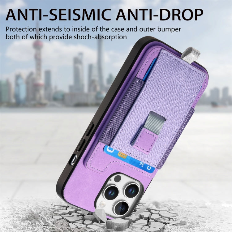 For iPhone 15 Pro Retro Magsafe Cross Leather Pull-Out Card Bag Back Phone Case(Purple) - iPhone 15 Pro Cases by buy2fix | Online Shopping UK | buy2fix