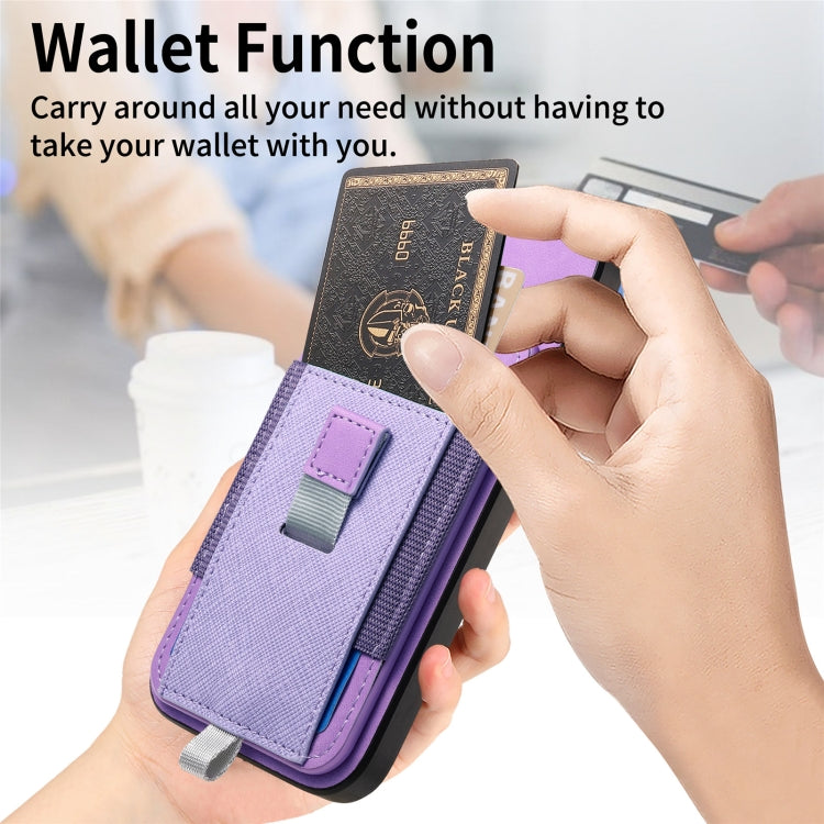 For iPhone 15 Pro Retro Magsafe Cross Leather Pull-Out Card Bag Back Phone Case(Purple) - iPhone 15 Pro Cases by buy2fix | Online Shopping UK | buy2fix