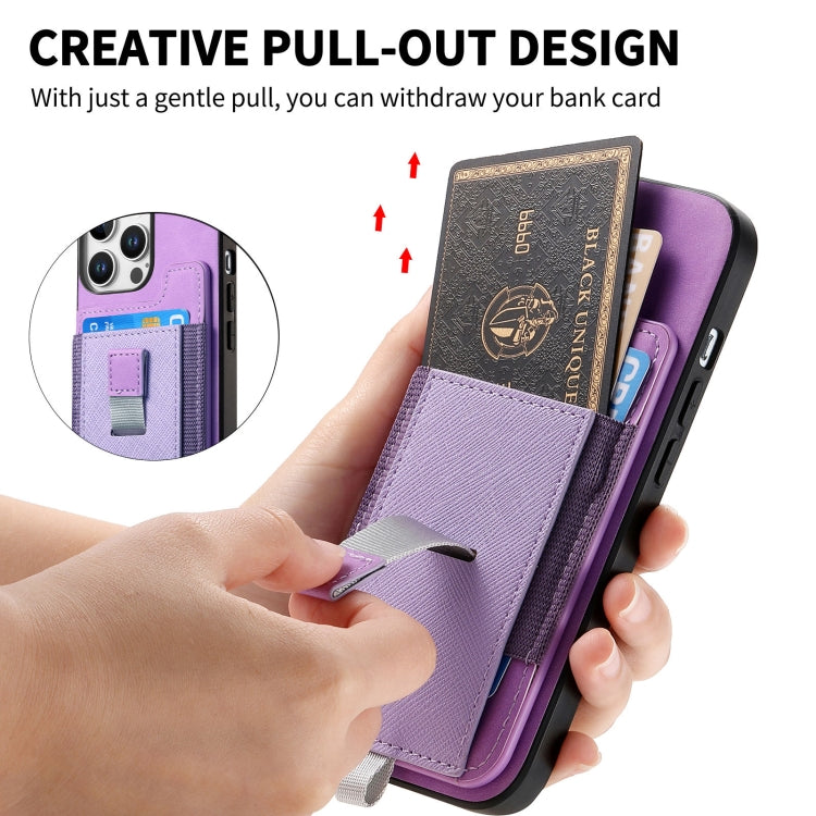 For iPhone 15 Pro Retro Magsafe Cross Leather Pull-Out Card Bag Back Phone Case(Purple) - iPhone 15 Pro Cases by buy2fix | Online Shopping UK | buy2fix