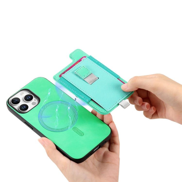 For iPhone 15 Pro Retro Magsafe Cross Leather Pull-Out Card Bag Back Phone Case(Green) - iPhone 15 Pro Cases by buy2fix | Online Shopping UK | buy2fix