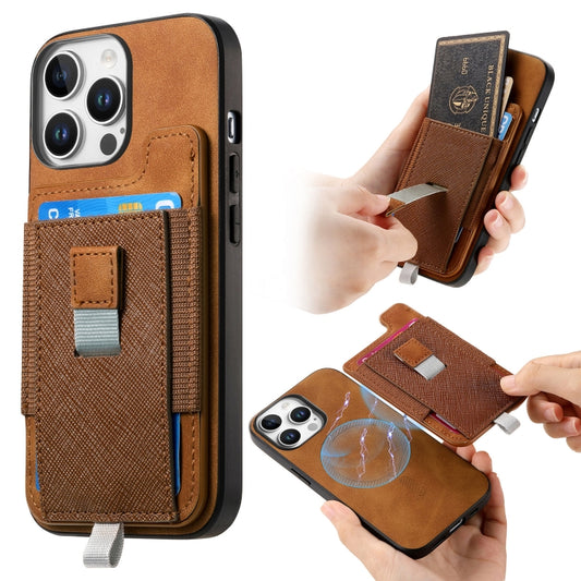 For iPhone 15 Pro Retro Magsafe Cross Leather Pull-Out Card Bag Back Phone Case(Brown) - iPhone 15 Pro Cases by buy2fix | Online Shopping UK | buy2fix