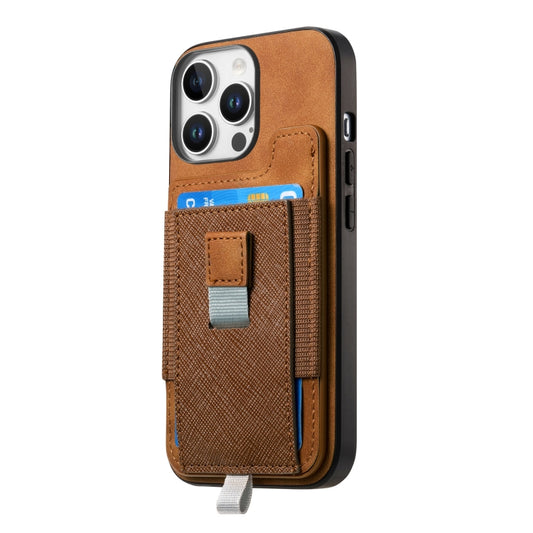 For iPhone 15 Pro Retro Magsafe Cross Leather Pull-Out Card Bag Back Phone Case(Brown) - iPhone 15 Pro Cases by buy2fix | Online Shopping UK | buy2fix