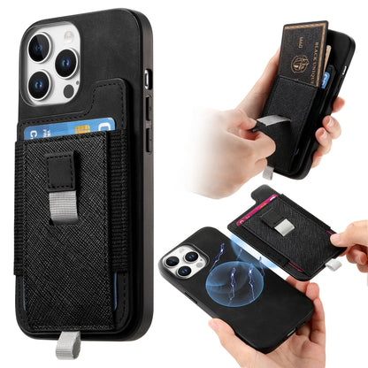 For iPhone 15 Pro Retro Magsafe Cross Leather Pull-Out Card Bag Back Phone Case(Black) - iPhone 15 Pro Cases by buy2fix | Online Shopping UK | buy2fix