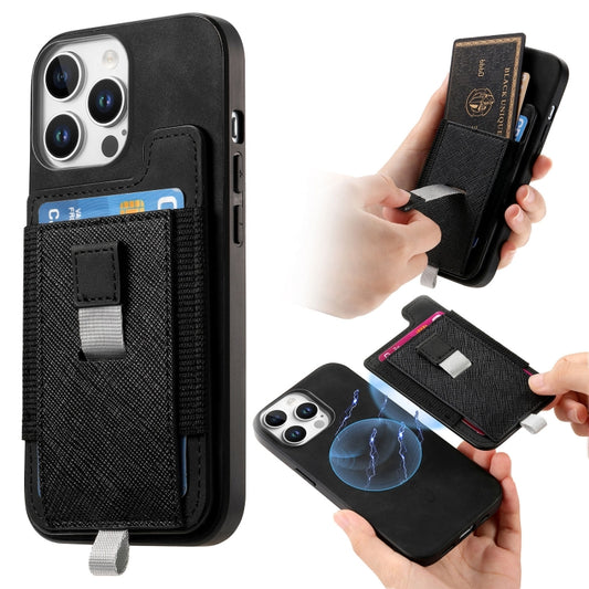 For iPhone 15 Pro Retro Magsafe Cross Leather Pull-Out Card Bag Back Phone Case(Black) - iPhone 15 Pro Cases by buy2fix | Online Shopping UK | buy2fix