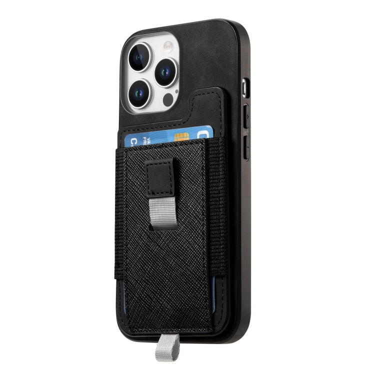For iPhone 15 Pro Retro Magsafe Cross Leather Pull-Out Card Bag Back Phone Case(Black) - iPhone 15 Pro Cases by buy2fix | Online Shopping UK | buy2fix