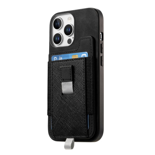 For iPhone 15 Pro Retro Magsafe Cross Leather Pull-Out Card Bag Back Phone Case(Black) - iPhone 15 Pro Cases by buy2fix | Online Shopping UK | buy2fix