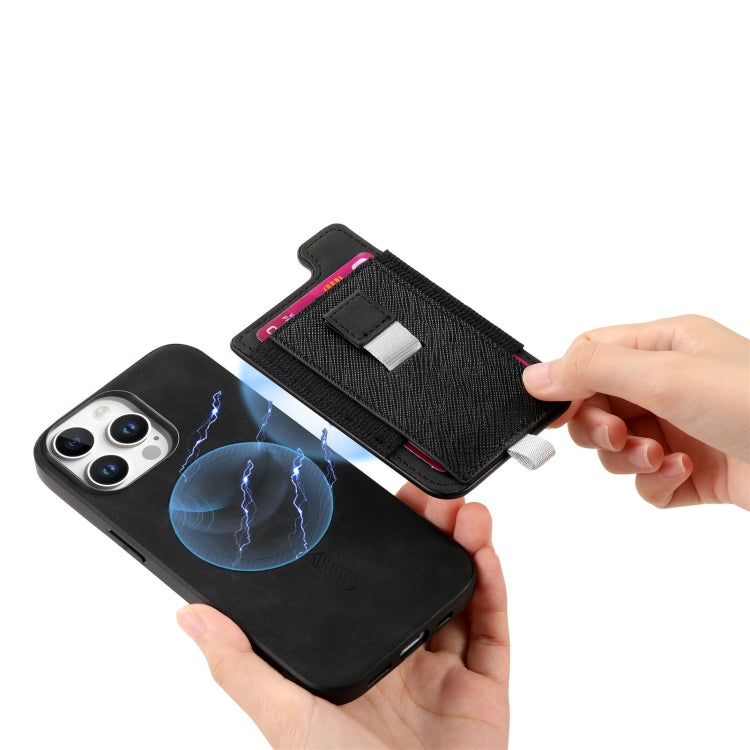 For iPhone 15 Pro Retro Magsafe Cross Leather Pull-Out Card Bag Back Phone Case(Black) - iPhone 15 Pro Cases by buy2fix | Online Shopping UK | buy2fix
