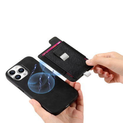 For iPhone 15 Pro Retro Magsafe Cross Leather Pull-Out Card Bag Back Phone Case(Black) - iPhone 15 Pro Cases by buy2fix | Online Shopping UK | buy2fix