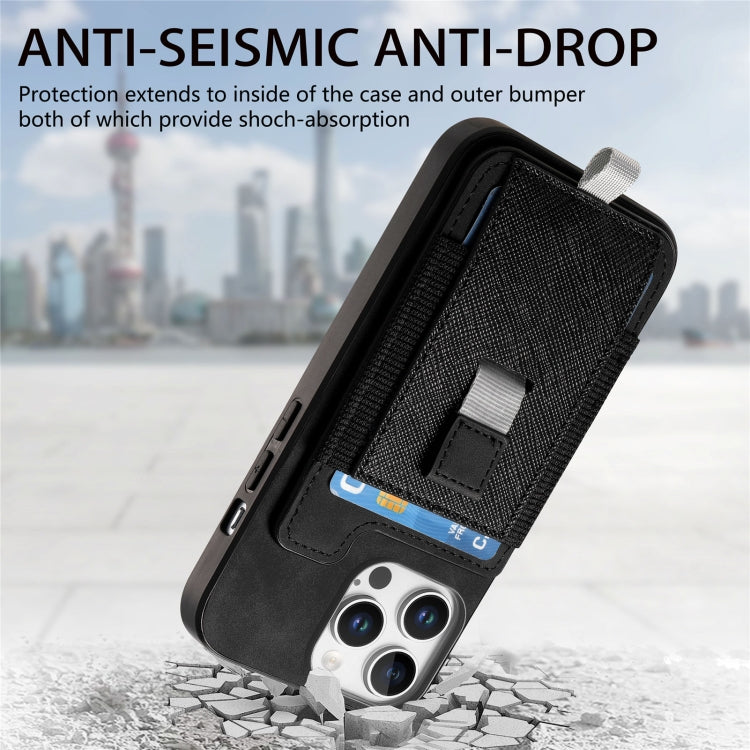For iPhone 15 Pro Retro Magsafe Cross Leather Pull-Out Card Bag Back Phone Case(Black) - iPhone 15 Pro Cases by buy2fix | Online Shopping UK | buy2fix