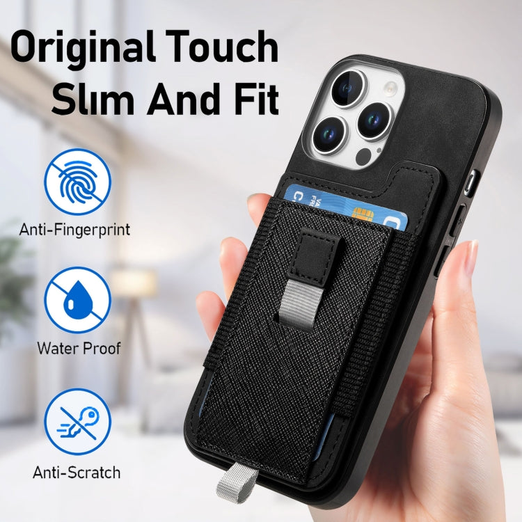 For iPhone 15 Pro Retro Magsafe Cross Leather Pull-Out Card Bag Back Phone Case(Black) - iPhone 15 Pro Cases by buy2fix | Online Shopping UK | buy2fix