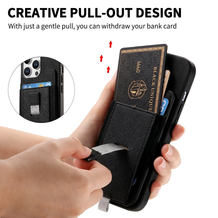 For iPhone 15 Pro Retro Magsafe Cross Leather Pull-Out Card Bag Back Phone Case(Black) - iPhone 15 Pro Cases by buy2fix | Online Shopping UK | buy2fix