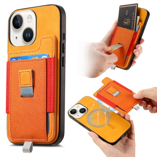 For iPhone 15 Retro Magsafe Cross Leather Pull-Out Card Bag Back Phone Case(Yellow) - iPhone 15 Cases by buy2fix | Online Shopping UK | buy2fix