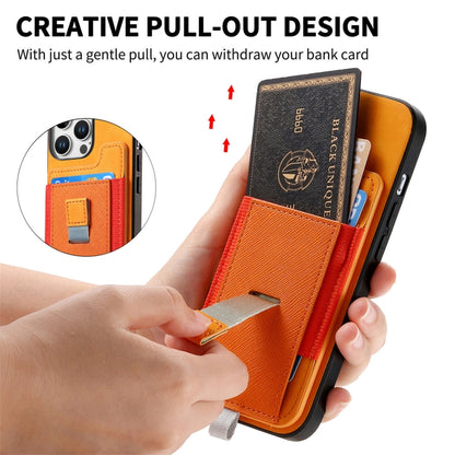For iPhone 15 Retro Magsafe Cross Leather Pull-Out Card Bag Back Phone Case(Yellow) - iPhone 15 Cases by buy2fix | Online Shopping UK | buy2fix