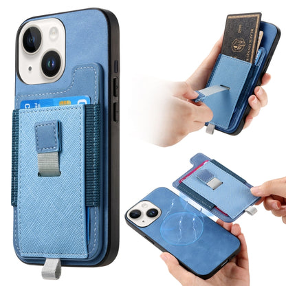 For iPhone 15 Retro Magsafe Cross Leather Pull-Out Card Bag Back Phone Case(Blue) - iPhone 15 Cases by buy2fix | Online Shopping UK | buy2fix