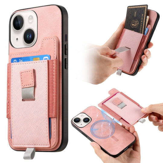For iPhone 15 Retro Magsafe Cross Leather Pull-Out Card Bag Back Phone Case(Pink)