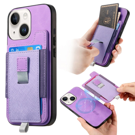 For iPhone 15 Retro Magsafe Cross Leather Pull-Out Card Bag Back Phone Case(Purple) - iPhone 15 Cases by buy2fix | Online Shopping UK | buy2fix