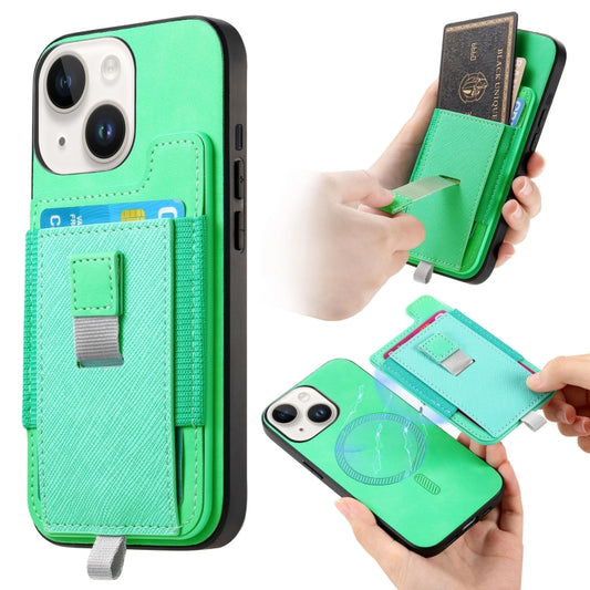 For iPhone 15 Retro Magsafe Cross Leather Pull-Out Card Bag Back Phone Case(Green) - iPhone 15 Cases by buy2fix | Online Shopping UK | buy2fix