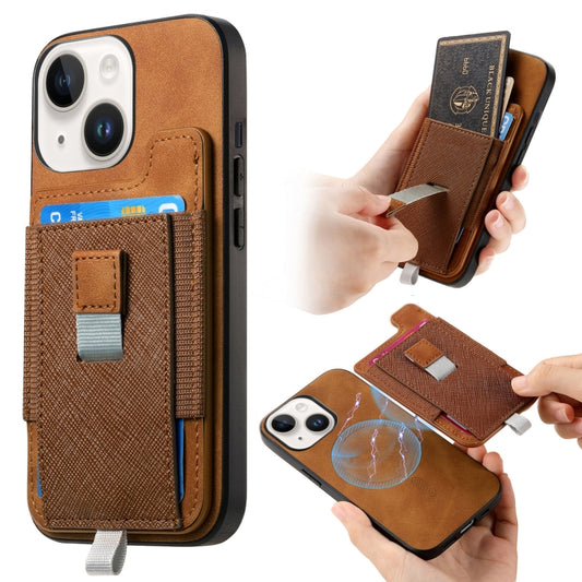 For iPhone 15 Retro Magsafe Cross Leather Pull-Out Card Bag Back Phone Case(Brown) - iPhone 15 Cases by buy2fix | Online Shopping UK | buy2fix