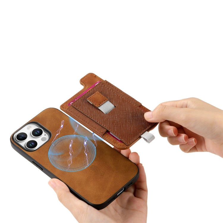 For iPhone 15 Retro Magsafe Cross Leather Pull-Out Card Bag Back Phone Case(Brown) - iPhone 15 Cases by buy2fix | Online Shopping UK | buy2fix