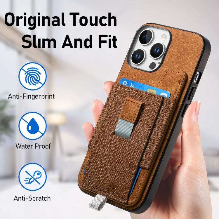 For iPhone 15 Retro Magsafe Cross Leather Pull-Out Card Bag Back Phone Case(Brown) - iPhone 15 Cases by buy2fix | Online Shopping UK | buy2fix