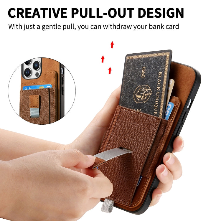 For iPhone 15 Retro Magsafe Cross Leather Pull-Out Card Bag Back Phone Case(Brown) - iPhone 15 Cases by buy2fix | Online Shopping UK | buy2fix