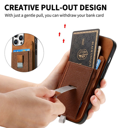 For iPhone 15 Retro Magsafe Cross Leather Pull-Out Card Bag Back Phone Case(Brown) - iPhone 15 Cases by buy2fix | Online Shopping UK | buy2fix