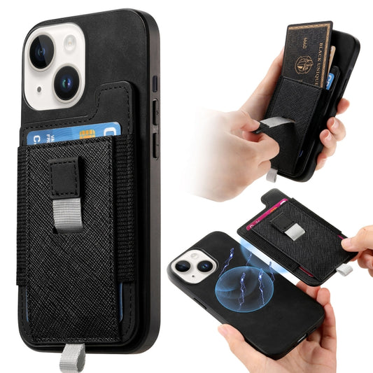 For iPhone 15 Retro Magsafe Cross Leather Pull-Out Card Bag Back Phone Case(Black) - iPhone 15 Cases by buy2fix | Online Shopping UK | buy2fix