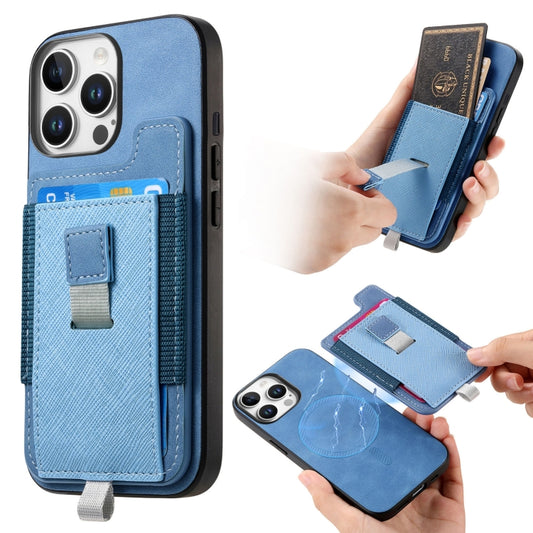For iPhone 14 Pro Max Retro Magsafe Cross Leather Pull-Out Card Bag Back Phone Case(Blue) - iPhone 14 Pro Max Cases by buy2fix | Online Shopping UK | buy2fix