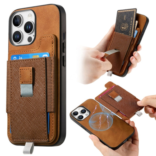 For iPhone 12 Pro Max Retro Magsafe Cross Leather Pull-Out Card Bag Back Phone Case(Brown) - iPhone 12 Pro Max Cases by buy2fix | Online Shopping UK | buy2fix