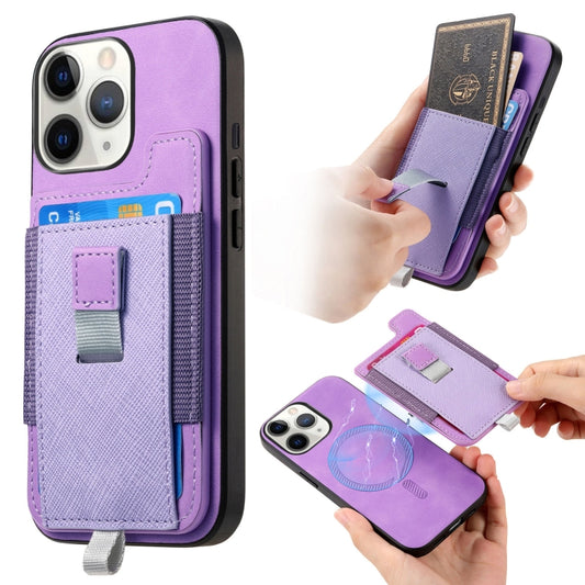 For iPhone 11 Pro Max Retro Magsafe Cross Leather Pull-Out Card Bag Back Phone Case(Purple) - iPhone 11 Pro Max Cases by buy2fix | Online Shopping UK | buy2fix