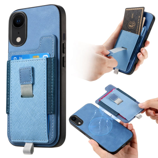 For iPhone XR Retro Magsafe Cross Leather Pull-Out Card Bag Back Phone Case(Blue) - More iPhone Cases by buy2fix | Online Shopping UK | buy2fix