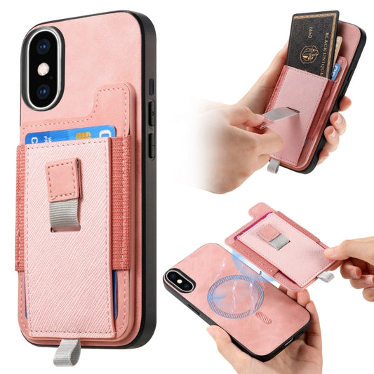 For iPhone XS Max Retro Magsafe Cross Leather Pull-Out Card Bag Back Phone Case(Pink) - More iPhone Cases by buy2fix | Online Shopping UK | buy2fix