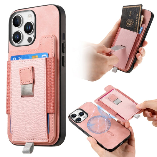 For iPhone 12 / 12 Pro Retro Magsafe Cross Leather Pull-Out Card Bag Back Phone Case(Pink) - iPhone 12 / 12 Pro Cases by buy2fix | Online Shopping UK | buy2fix